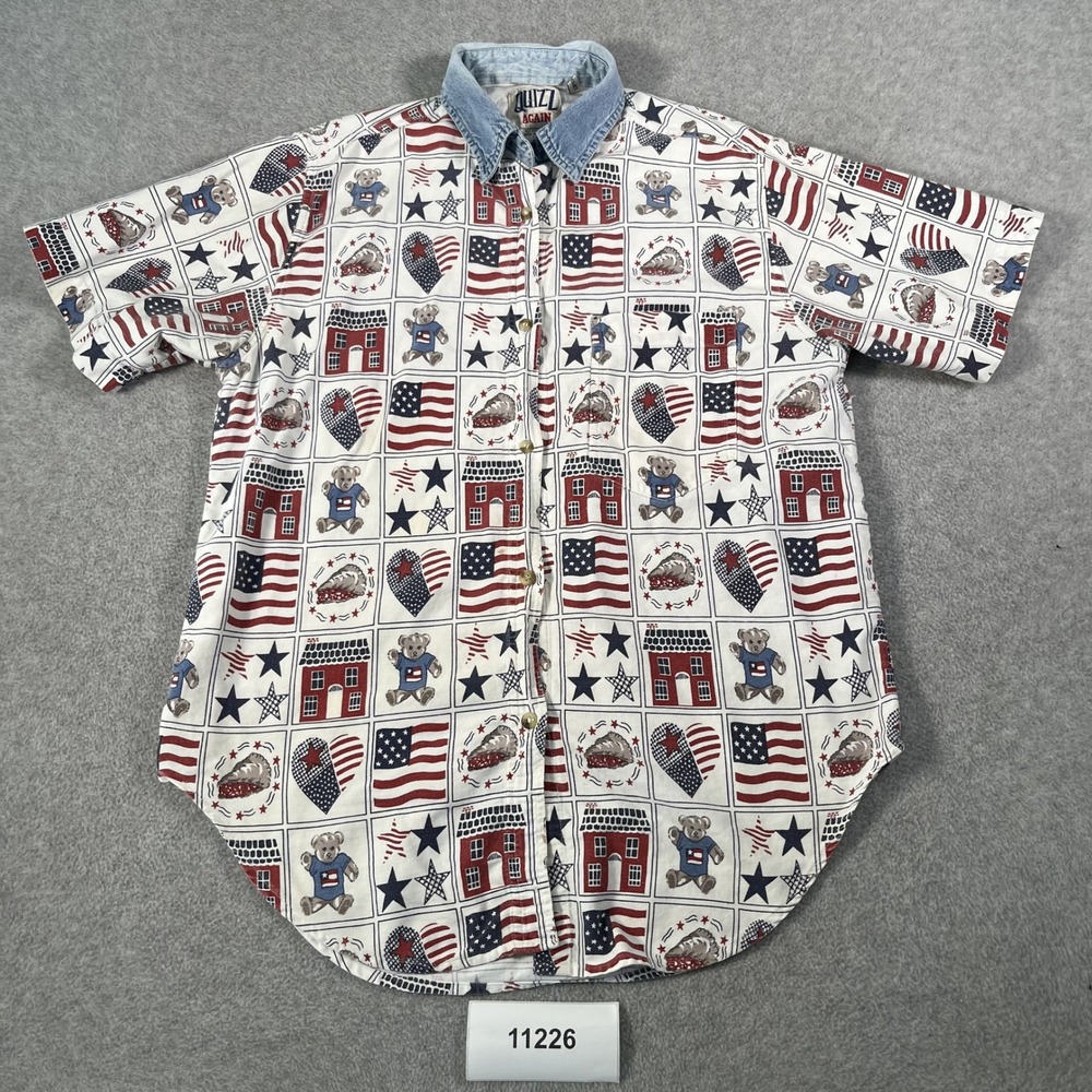 Americana Quizz Again Shirt Mens Medium Multicolor Graphic Print Cotton Collared
